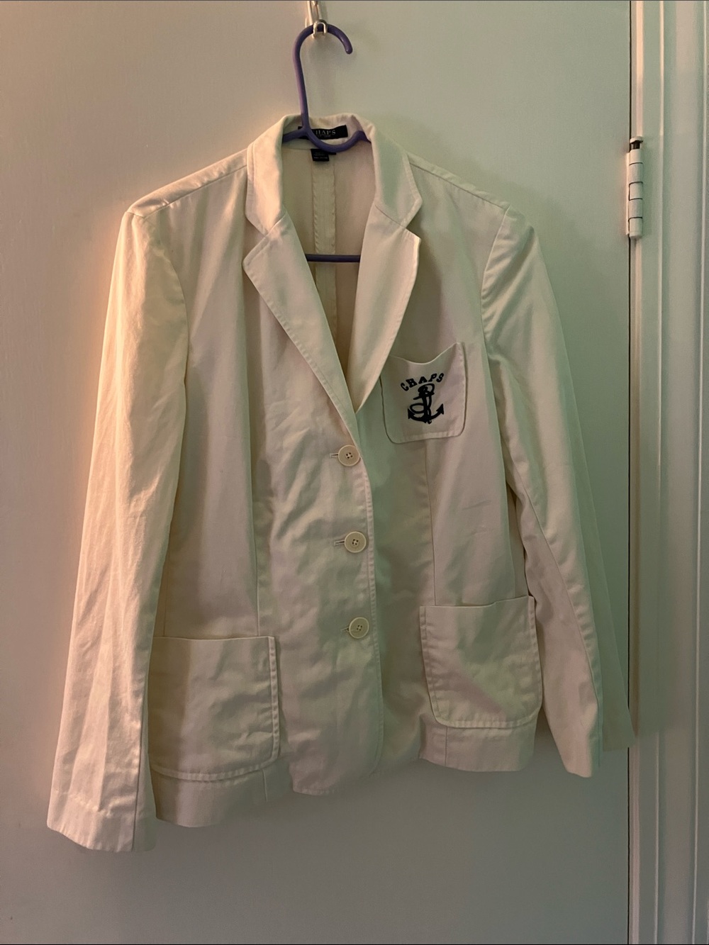 Women's White Cotton Blazer with Embroidered Anchor Pocket
